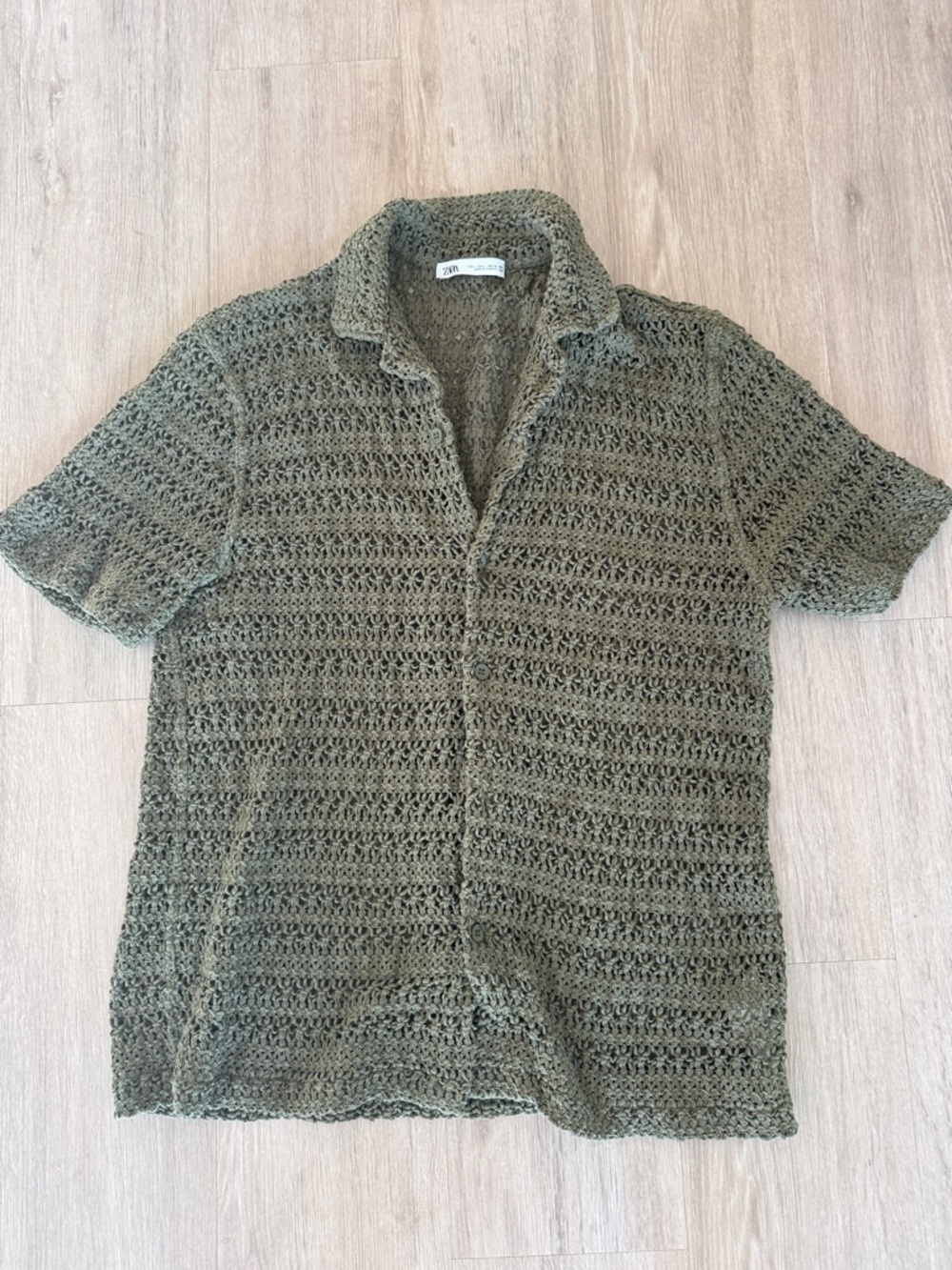 Zara Crocheted Green Button Down Shirt Large